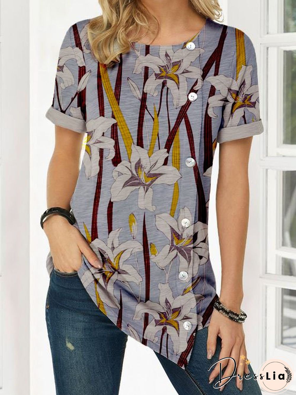 Short Sleeve Crew Neck Vintage Cotton-Blend T-shirt