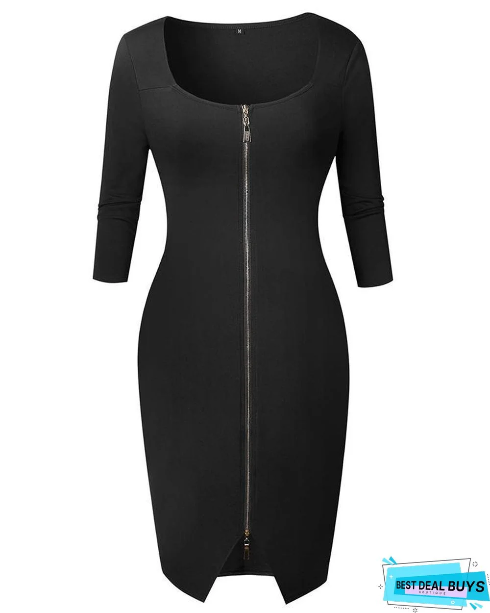 Sexy Zipper Up Split Bodycon Dress Black Dresses