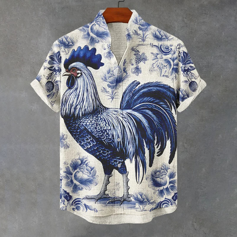 Men's Delft Blue Floral Chicken Print Casual Shirt  artssus