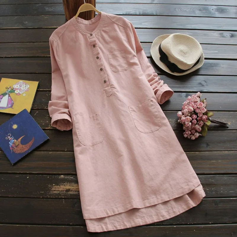 ZANZEA Women Vintage Long Sleeve Solid Mini Dress 2022 Autumn Cotton Shirt Vestido Casual Long Top Blusas Robe Feminina Sundress