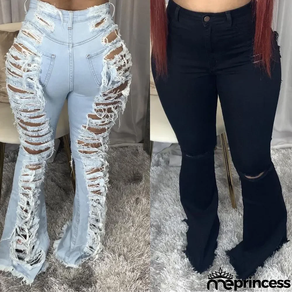 Women Classic High Waist Ripped Skinny Bell Bottom Jeans