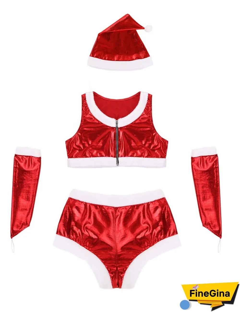 Women Adults Santa Christmas Babe Costume Sleeveless Shiny Metallic Crop Top Zip Up Buckled Shorts 4Pcs Outfit #S-XL