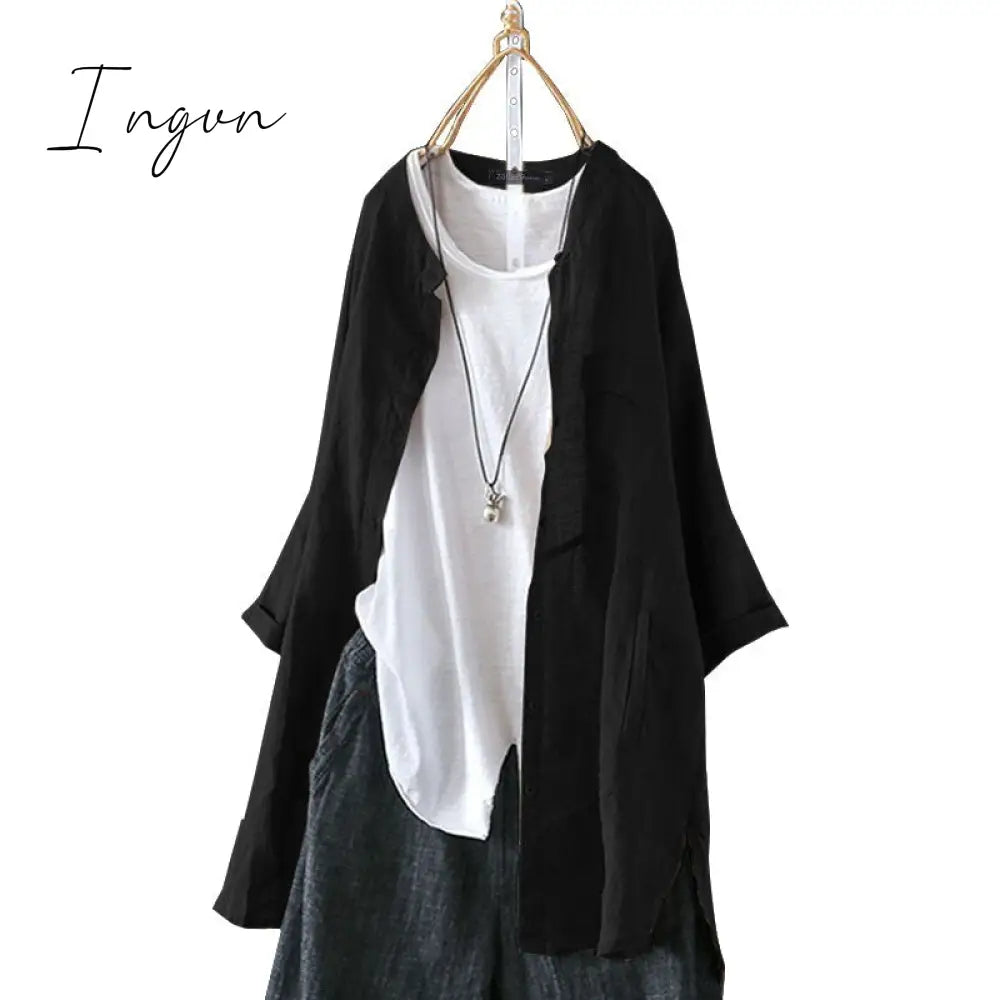 Ingvn - Womens Shirts Vintage Cotton Tunic Casual Long Sleeve Shirt Button Cardigans Female Soid