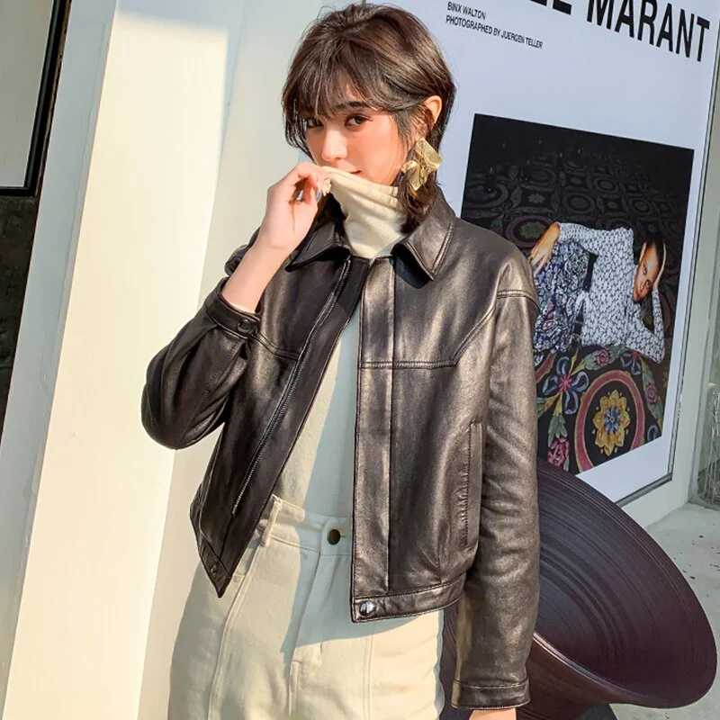 FTLZZ 2021 Spring New Women Leather Jacket Lapel Zipper Short Pu Jacket Lady Slim Black Long Sleeve Biker Jacket Coat