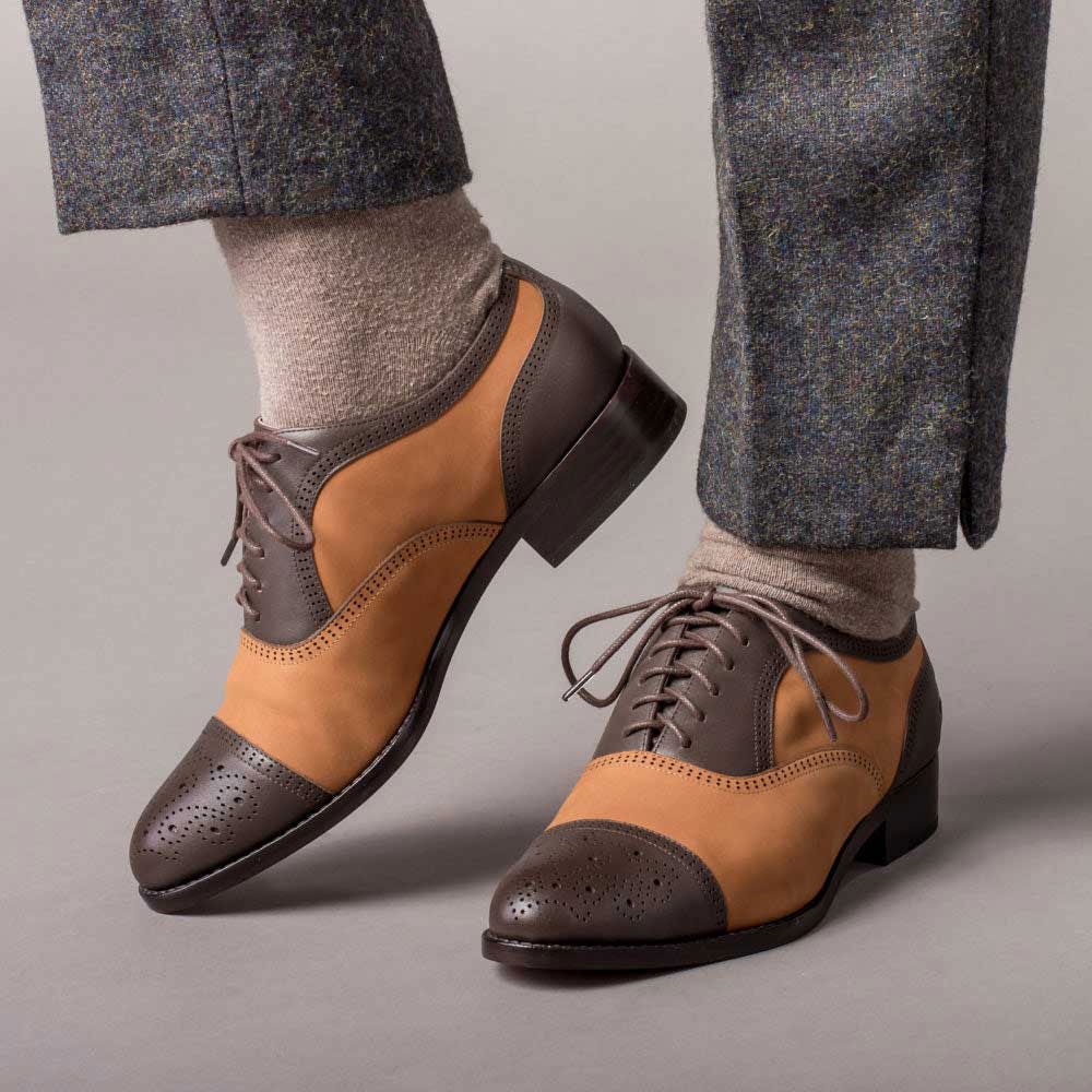 Brown & Tan Patchwork Perforated Almond Toe Oxford Heels with Lace-Up Nicepairs