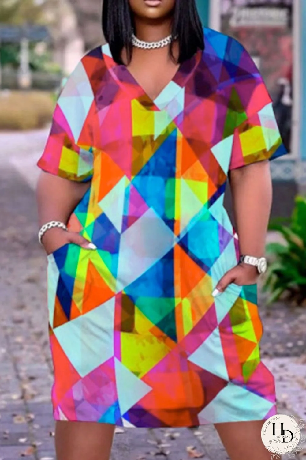 Yellow Casual Print Patchwork V Neck Straight Dresses