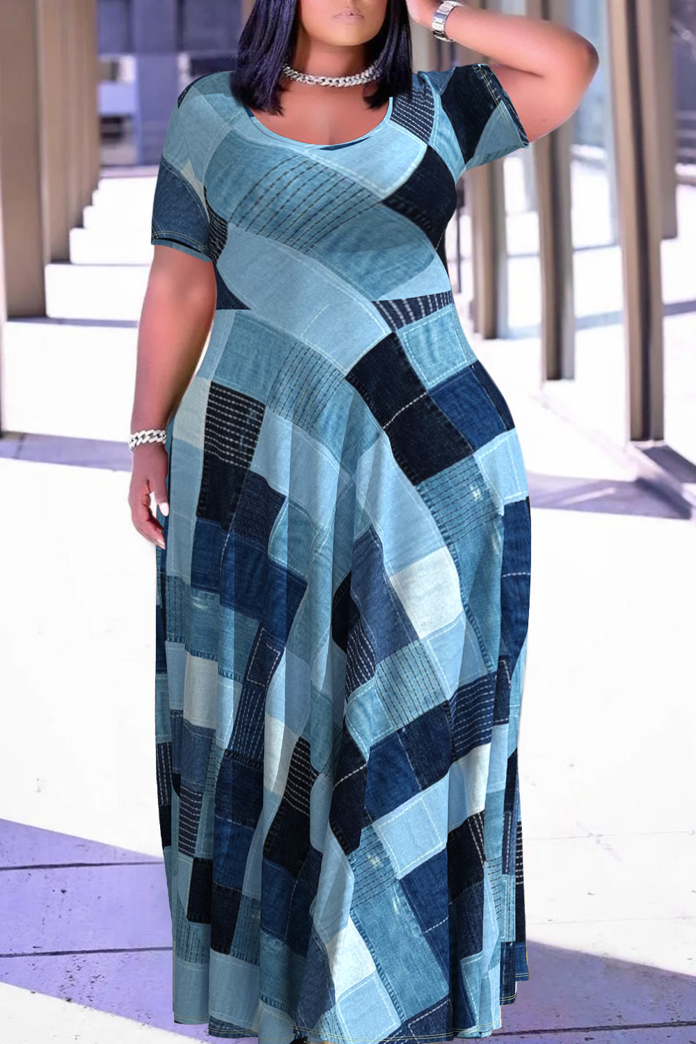 Plus Size Blue Casual Patchwork Plaid Denim Print Short Sleeve Maxi Dresses [Pre-Order]