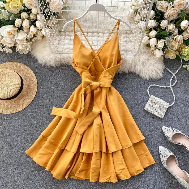 FTLZZ 2021 New Summer Spaghetti Strap Dress Female Sexy V Neck Backless High Waist Dress Ladys Red Yellow White Ball Gown Dress