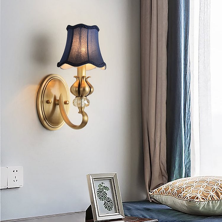 Scalloped Bedroom Wall Lighting Rural Fabric 1 Light Brass Sconce Light with Crystal Accent