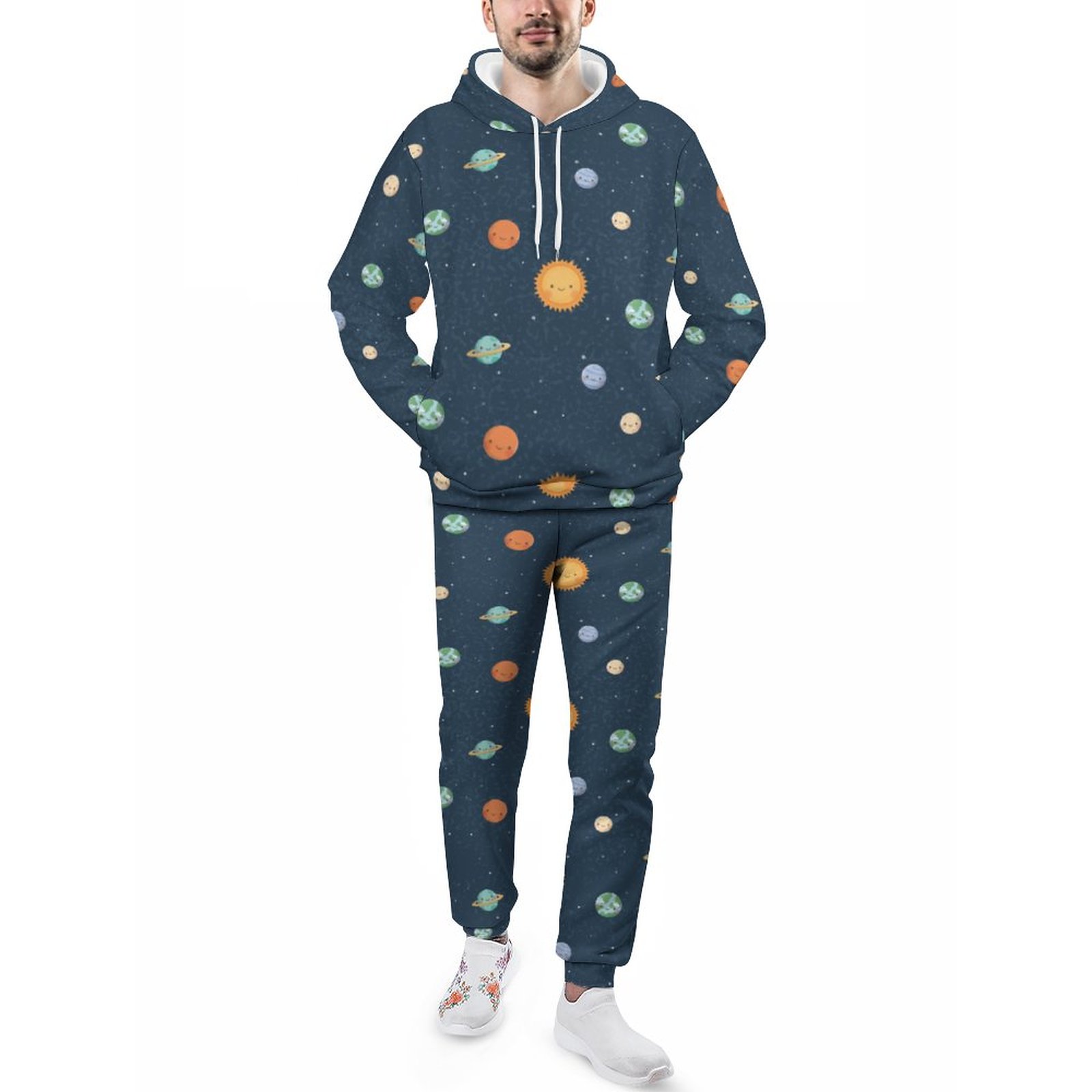 Cheerful Sun And Planets Space Doodles Men's Sweatsuits Set Guys Casual Athletic Pullover And Sweatpants Suit Outfit