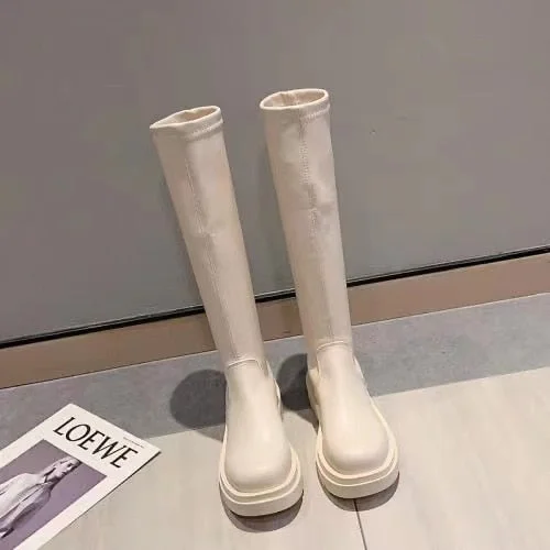 2021 Platform Knee High Boots Slip-on Block Heel Footwear Women Thick High Heels PU Leather Shoes Fashion Spring Female Boots