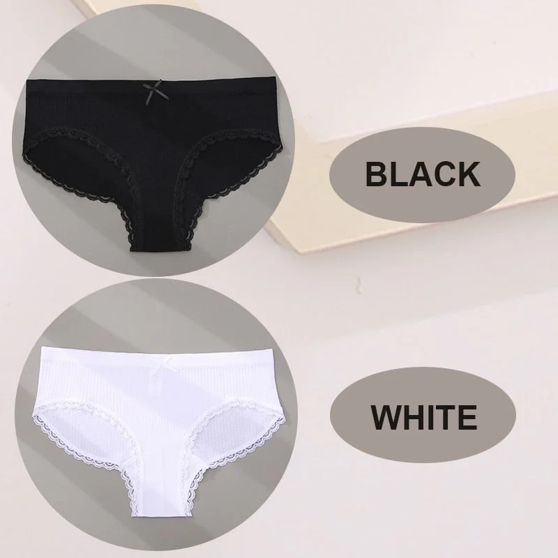 FINETOO 2PCS/Set M-2XL Women Seamless Sexy Panties Cute Bownot 6 Solid Color Girl Underwear Briefs Lingerie Underpant Lace Panty