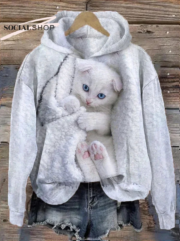 Cute Kitty Blanket Print: Long Sleeve Hooded Sweatshirt with Feline Charm socialshop