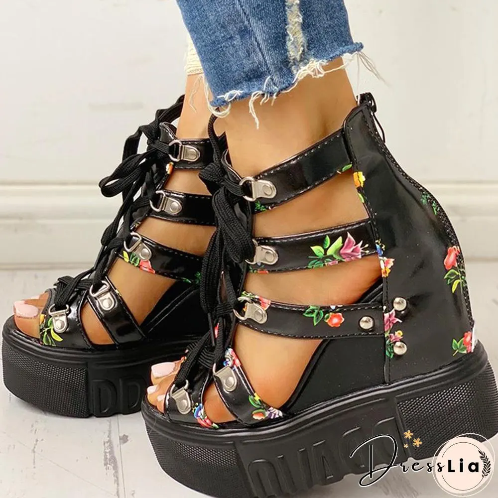 INS Hot Print Leisure Wedges Women's Shoes Summer Shoes Women Sandals Platform Shoelaces High Heels Casual Shoes Woman