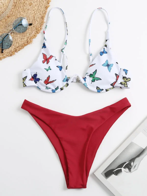 Floral-Print Underwired Triangles Split Bikini Swimsuit
