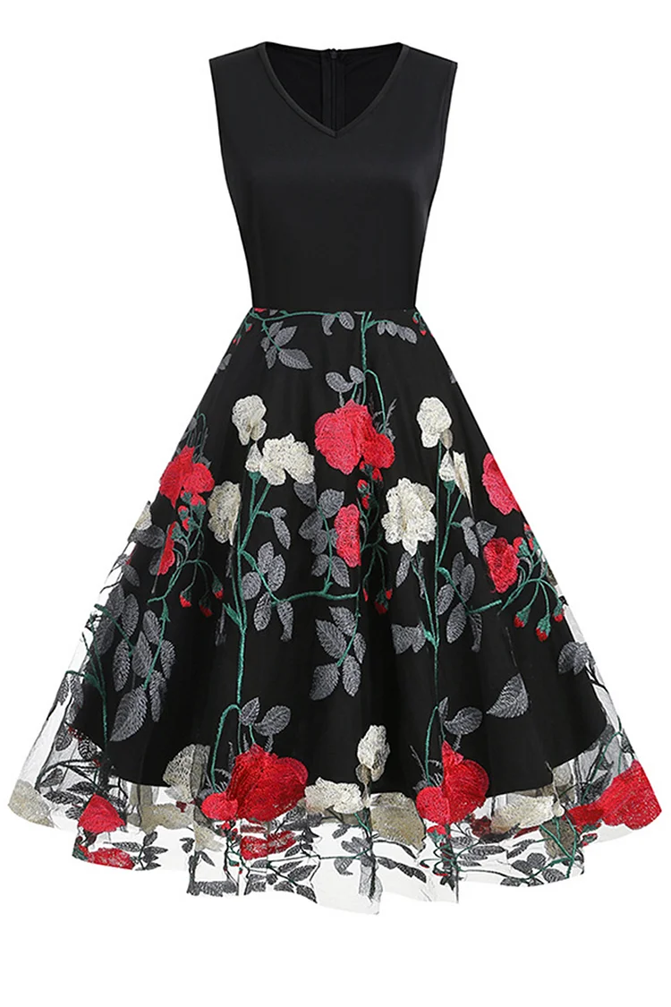 1950s Black Party Patchwork Mesh Peony Print Sleeveless A-line Midi Dress
