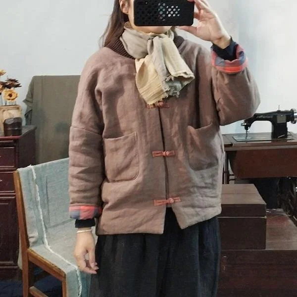 Vintage Linen Coffee Parkas  Style Thick Original Female Parkas