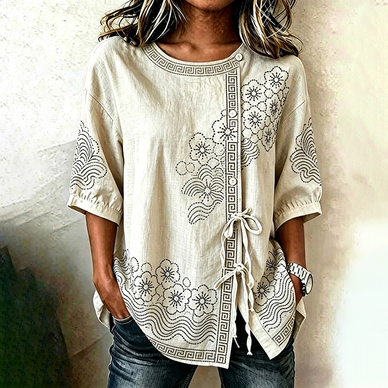 Comstylish Women's Japanese Sashiko Art Print Button-up Collar Tie-waist Shirt