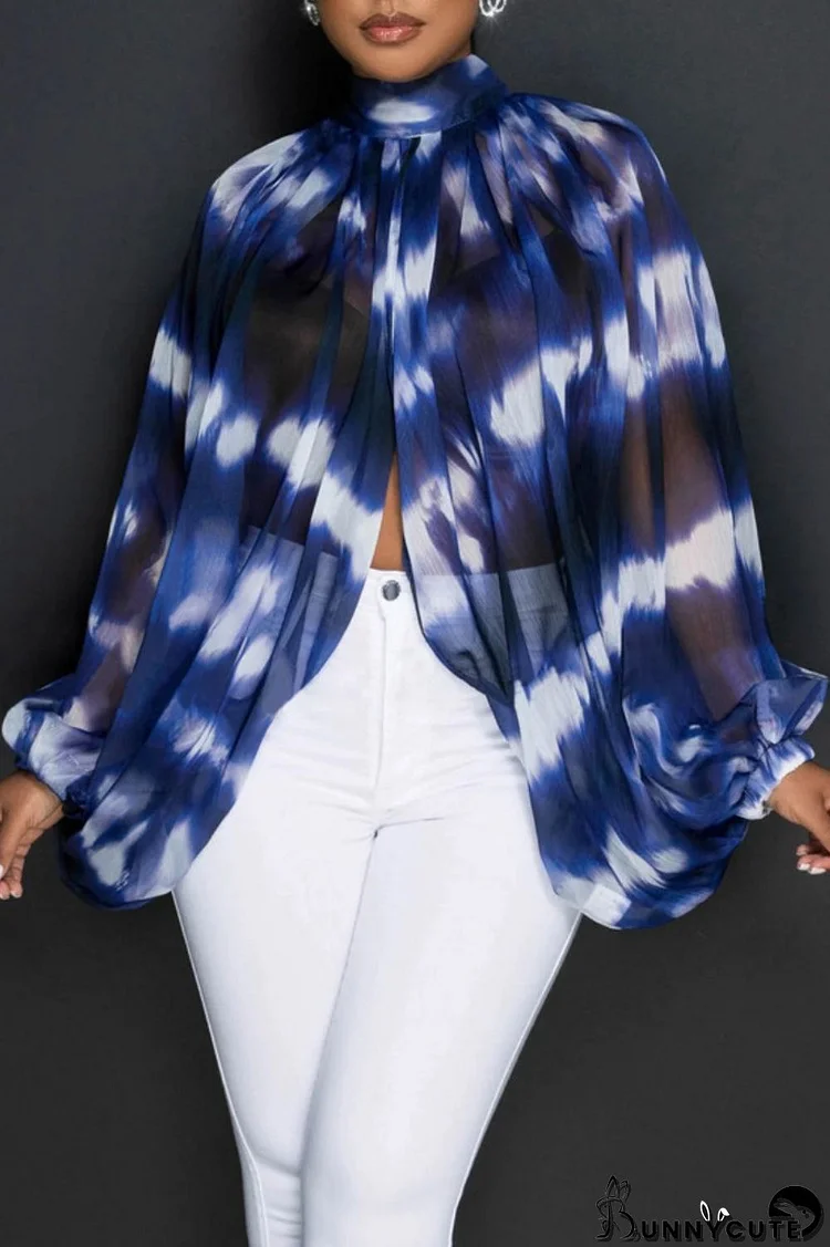 Blue Casual Print Patchwork Slit Half A Turtleneck Tops