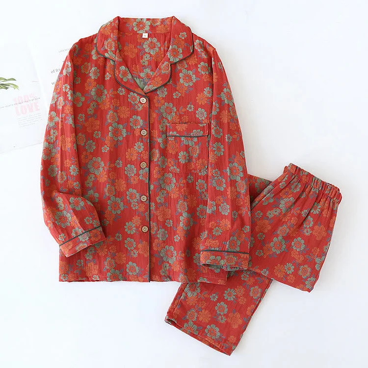 Double Layer Gauze Yarn-dyed Cotton Nightwear Set Radinnoo.com