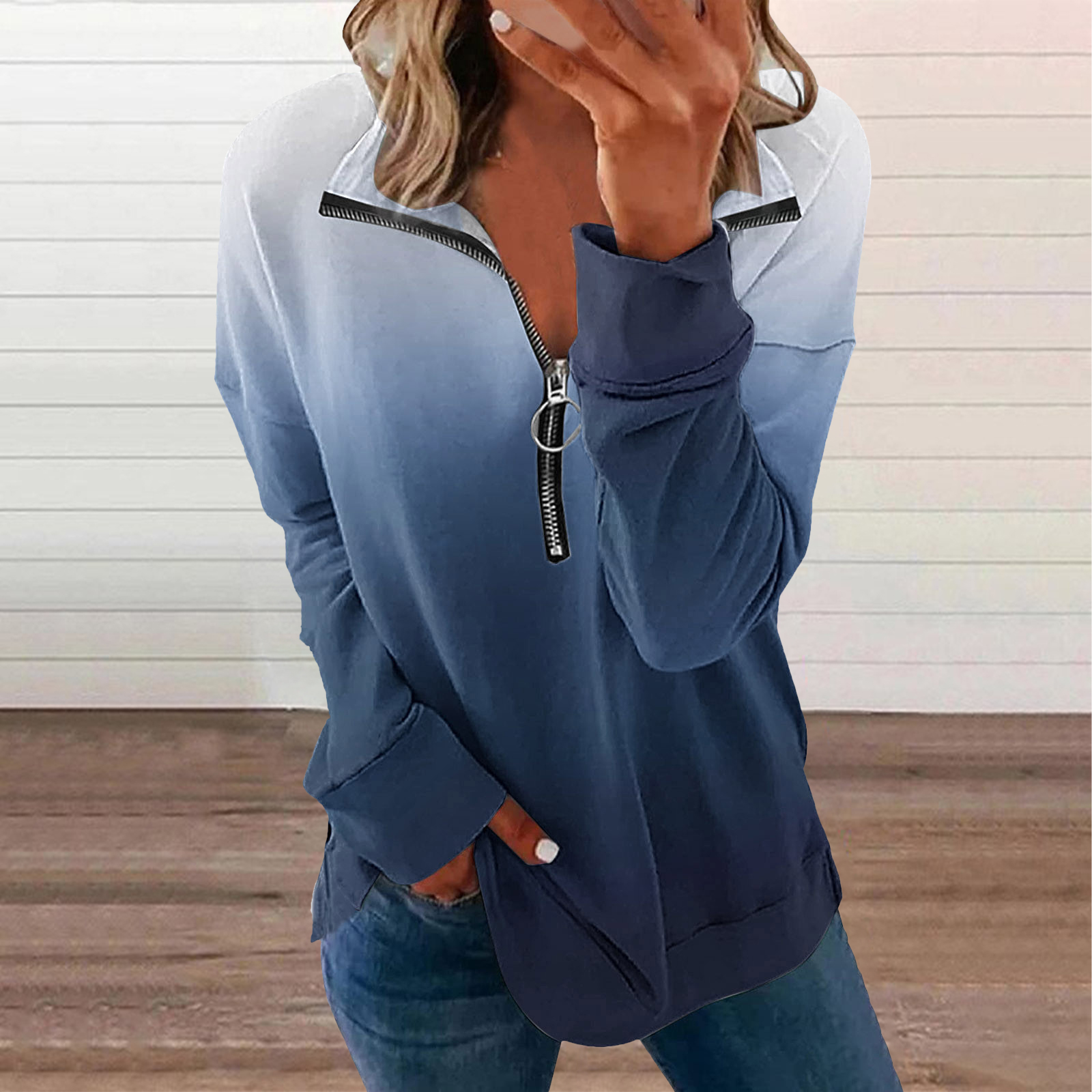  Vintage Zip Neck Long Sleeve Gradient Print T-Shirt Westsshops