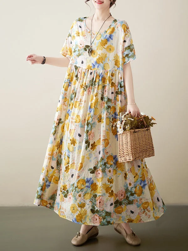 A-Line Loose Floral Printed Round-Neck Midi Dresses