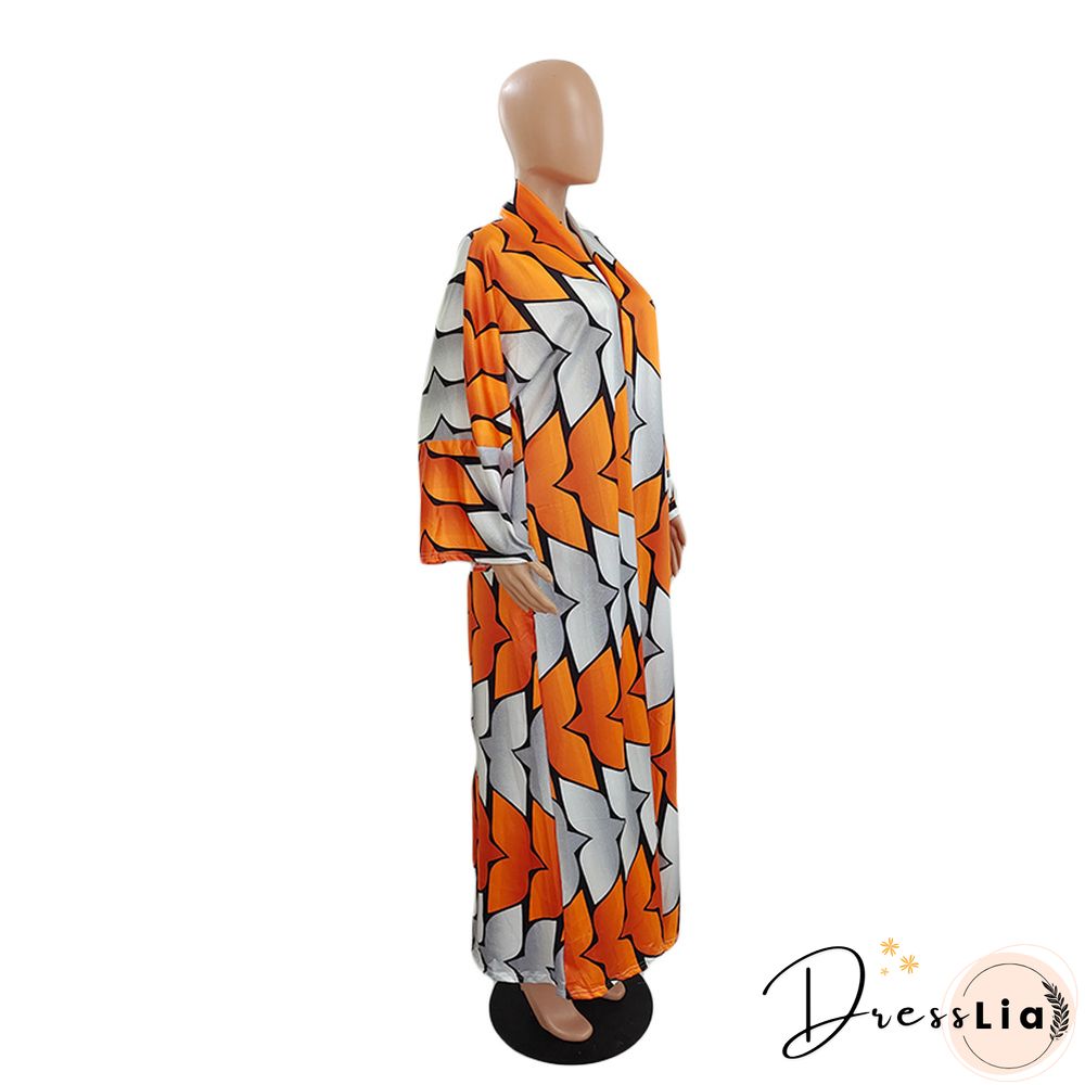 Printed Long Sleeve Open Front Long Cardigan Tops