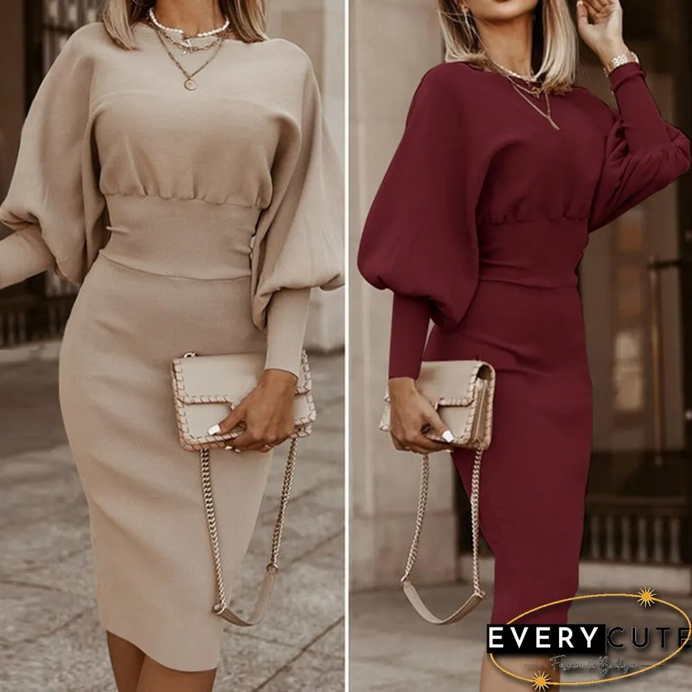 Women Fashion Elegant Sundress Crew Neck Solid Full Sleeve Party Club Slim Midi Dresses