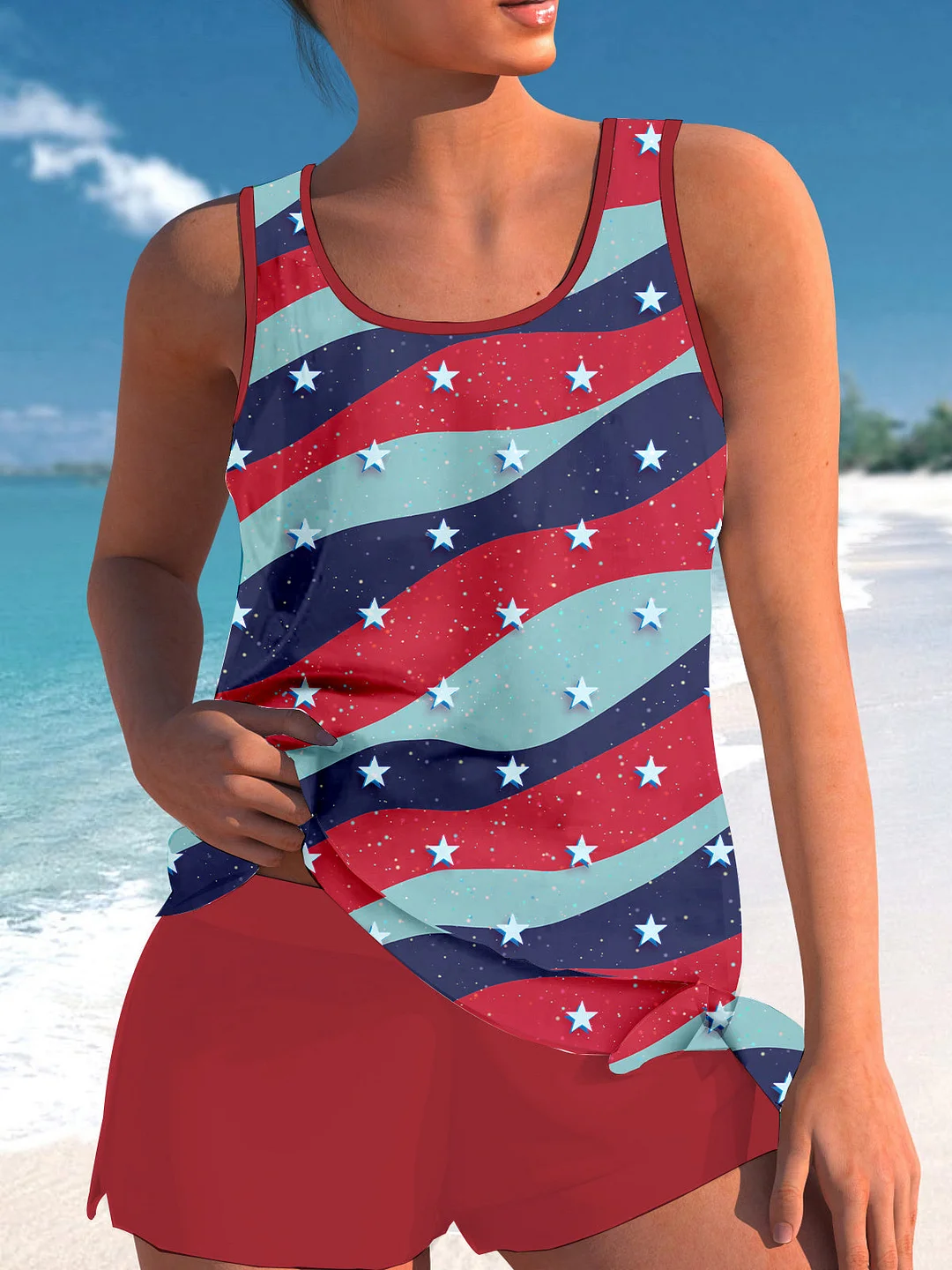 Bowknot Red Colorblock Graphic Printed Mid Waisted Tankini Set - Plus Size Available