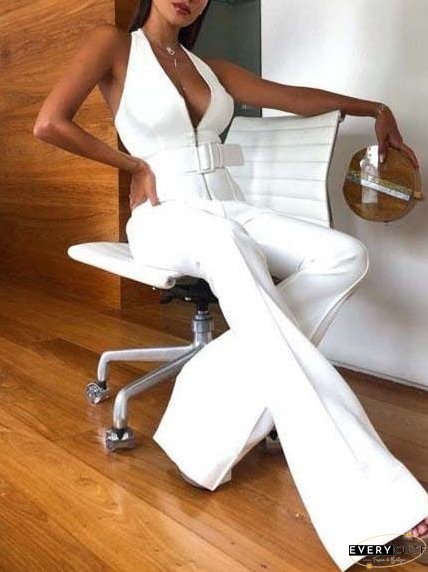 Stylish Solid Sleeveless Dark-v Belt Jumpsuit