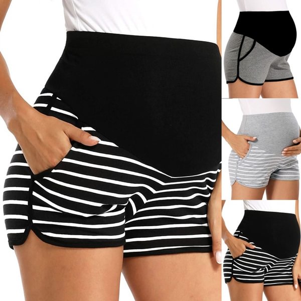 5 Colors Women Fashion Stripe Print Short Pants Elastic Maternity Leggings Stretch Pregnant Yoga High Waist Pant Plus Size - BlackFridayBuys
