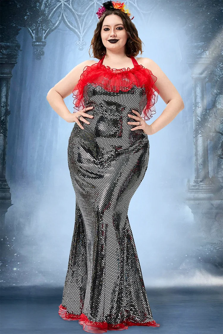 Xpluswear Design Plus Size Halloween Costume Black Mermaid Gothic Overlay Ruffle Sequin Maxi Dress 