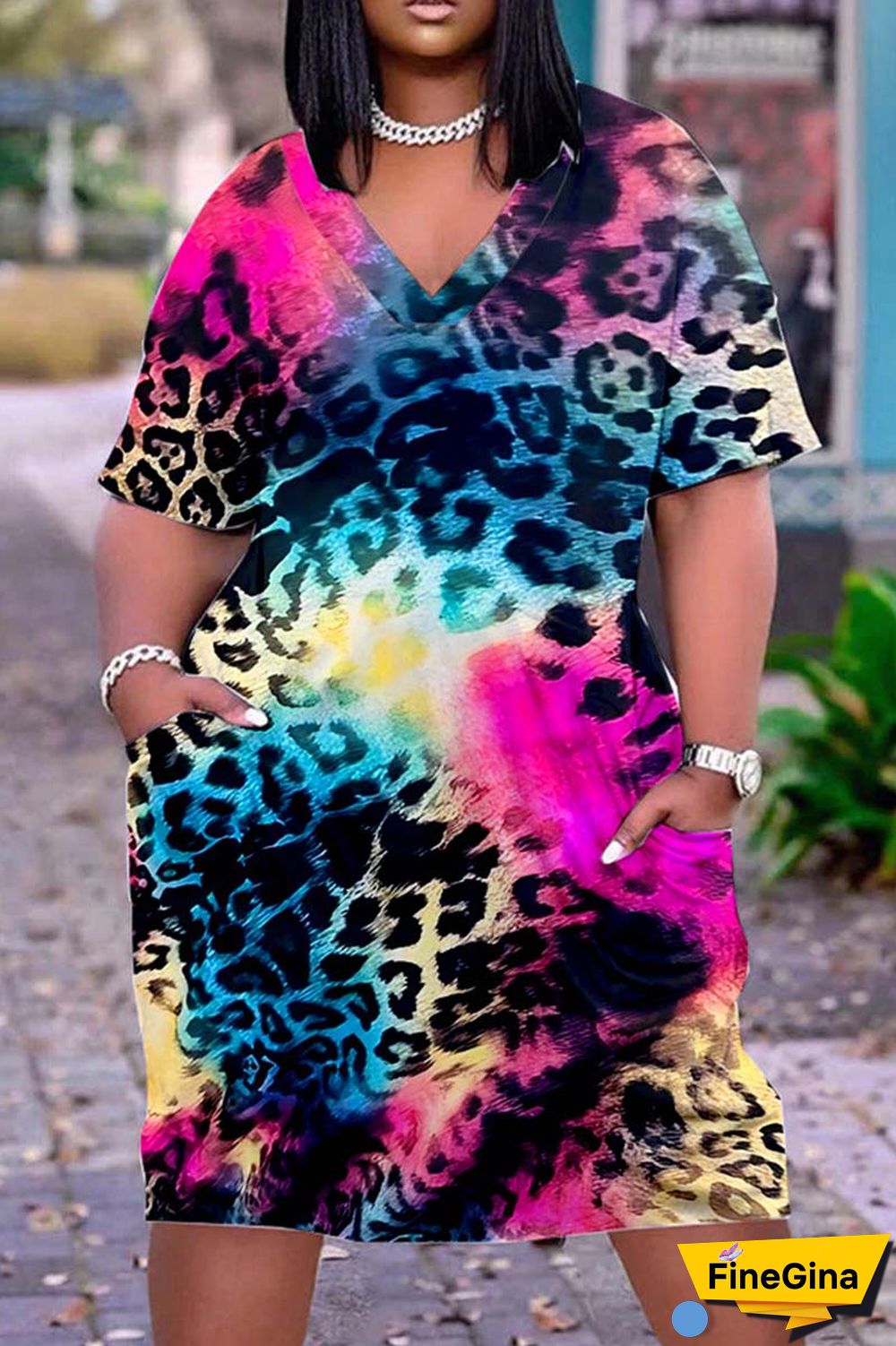 Black Casual Print Patchwork V Neck Short Sleeve Dress