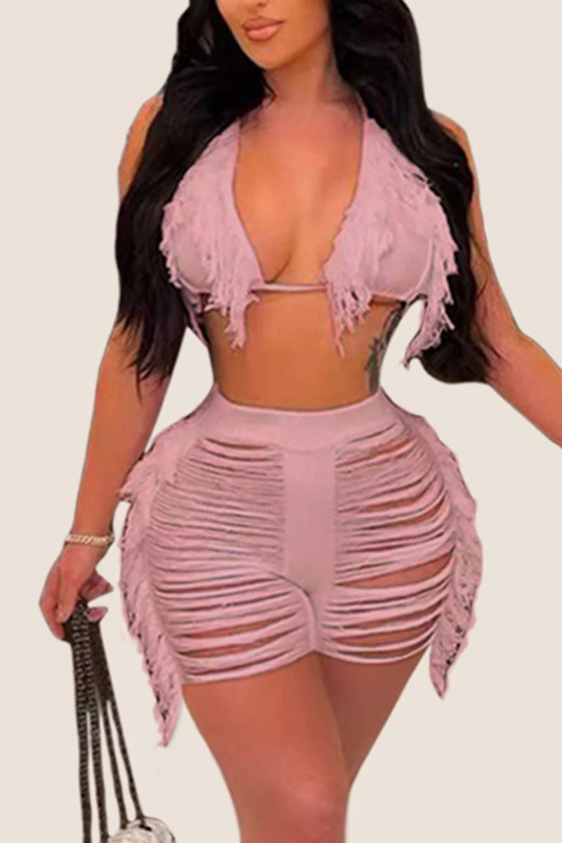 Pink Sexy Solid Tassel Bandage Hollowed Out Patchwork Swimwears | EGEMISS