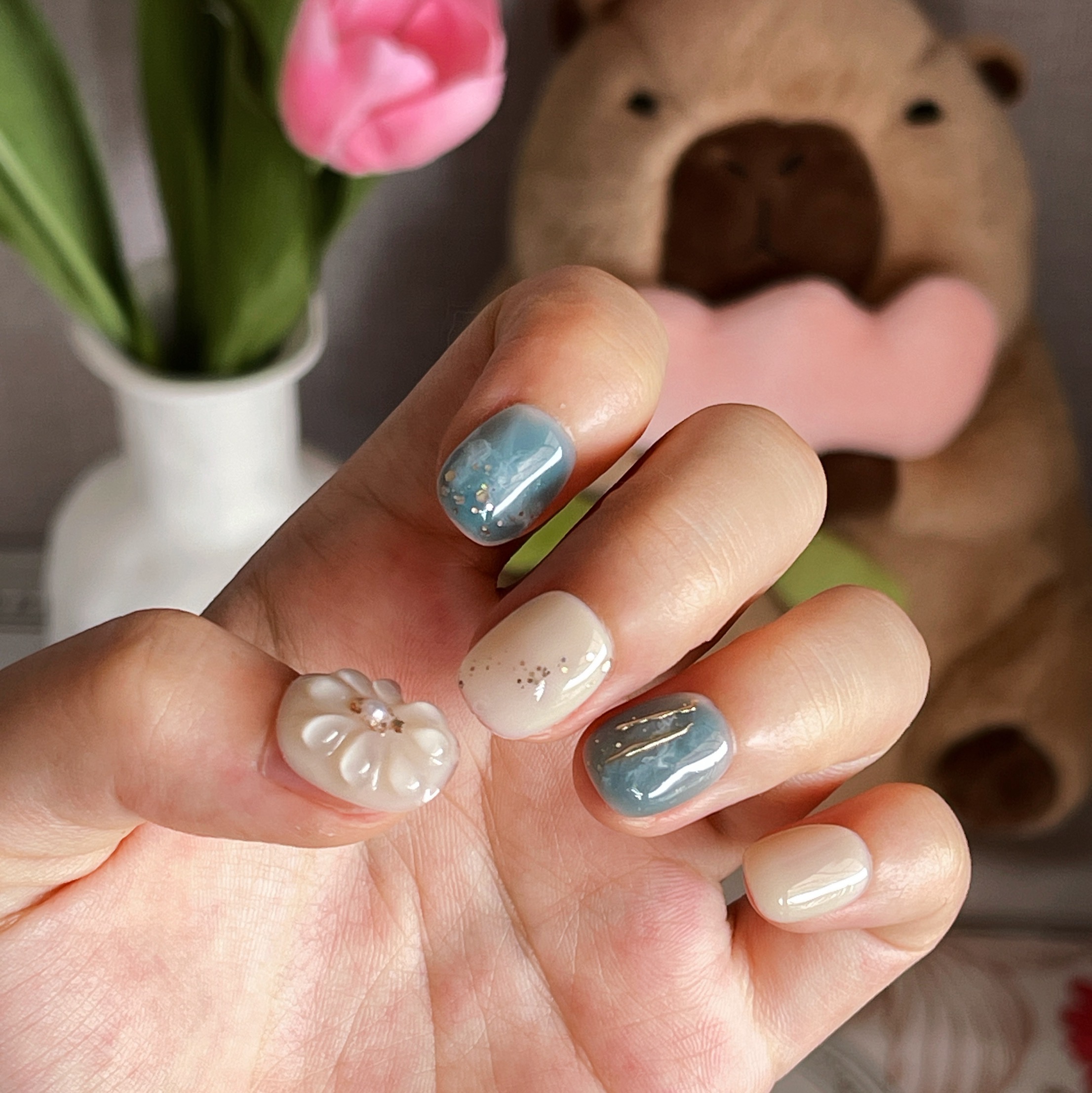 Hand-painted Embossed Blue/Pink and White Marble Nail