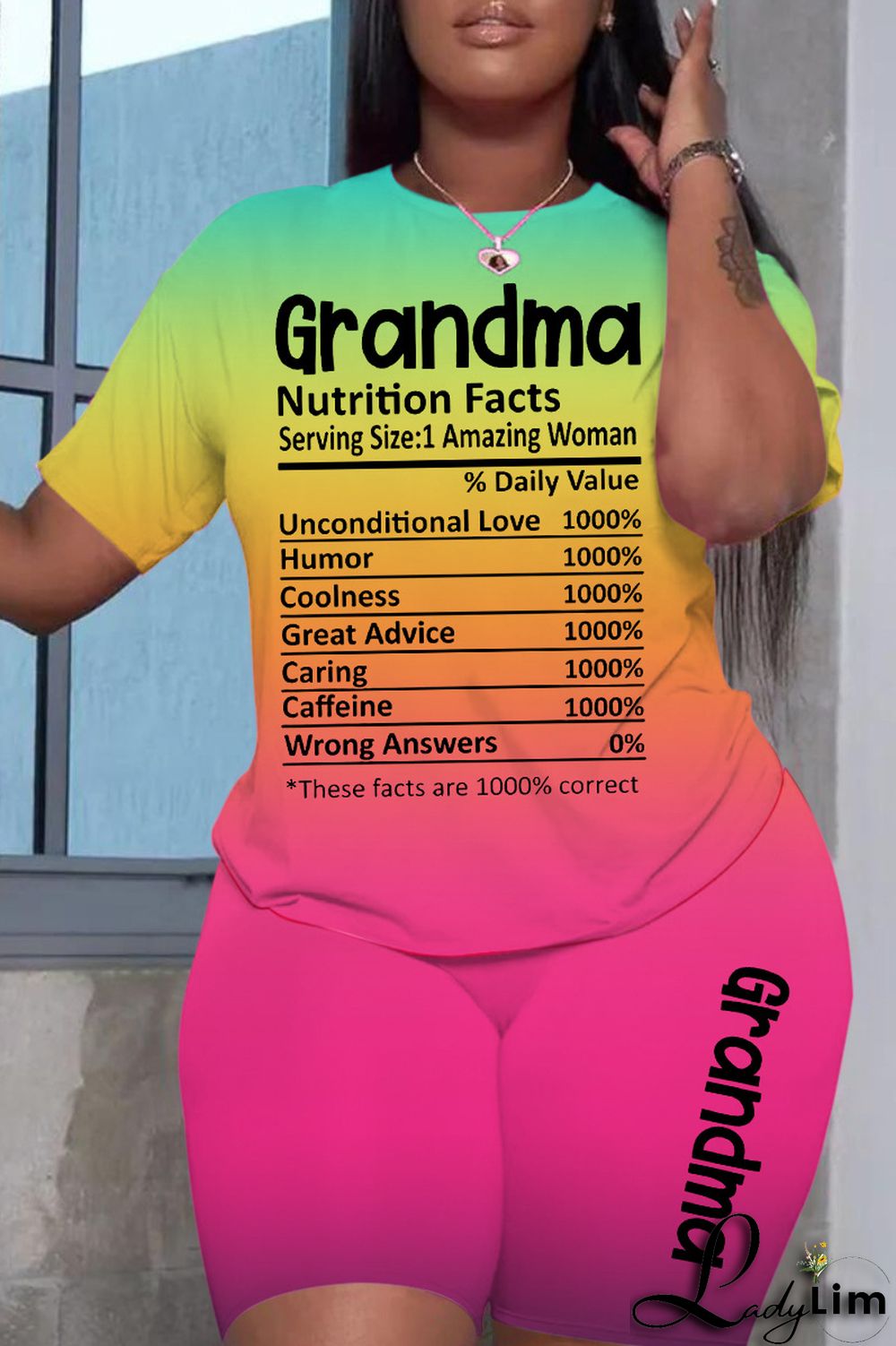 Light Blue Gradual Change Letter Print Basic O Neck Short Sleeve Two Pieces