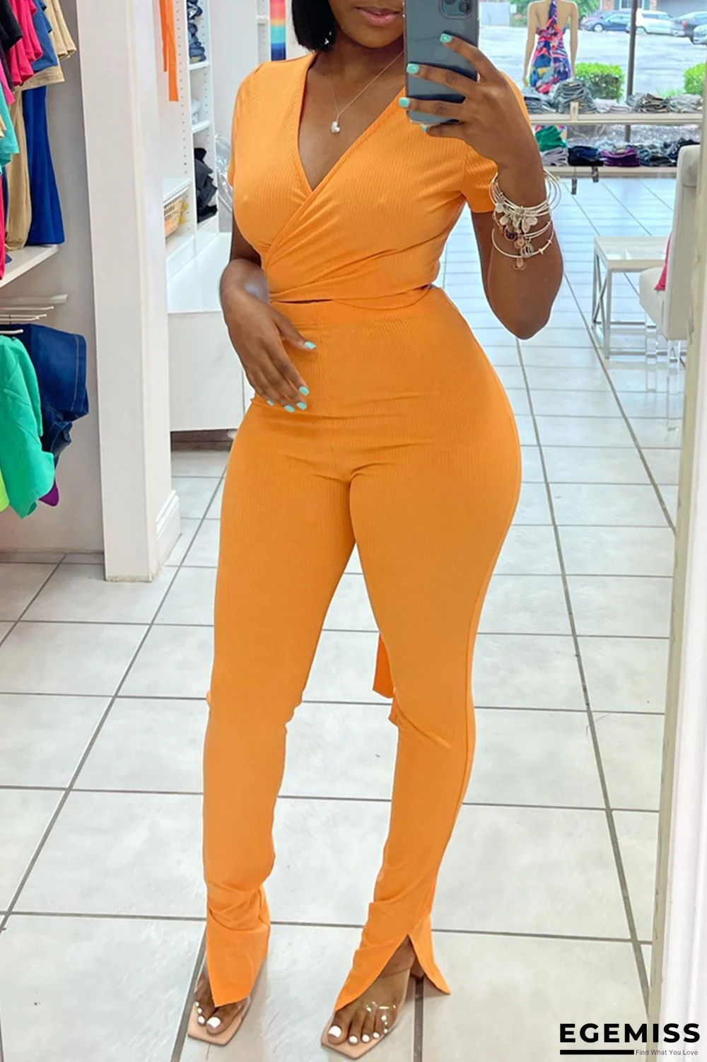 Orange Fashion Casual Solid Bandage Slit V Neck Short Sleeve Two Pieces | EGEMISS