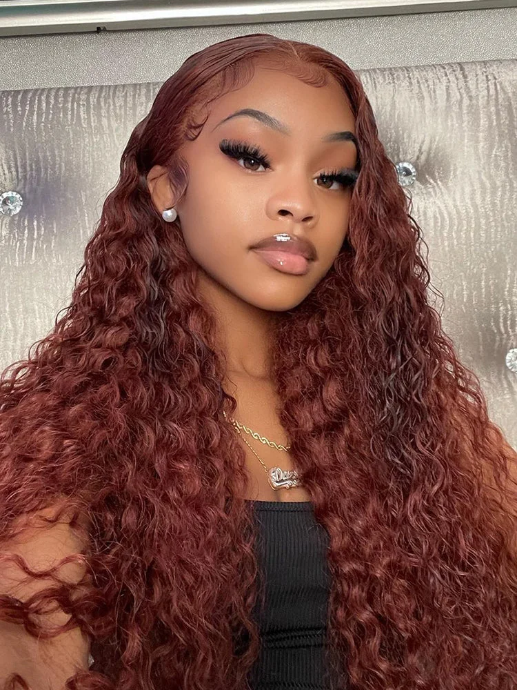 Reddish Brown Color Water Wave Auburn Hair 13x4 Lace Front Wigs Pre Plucked