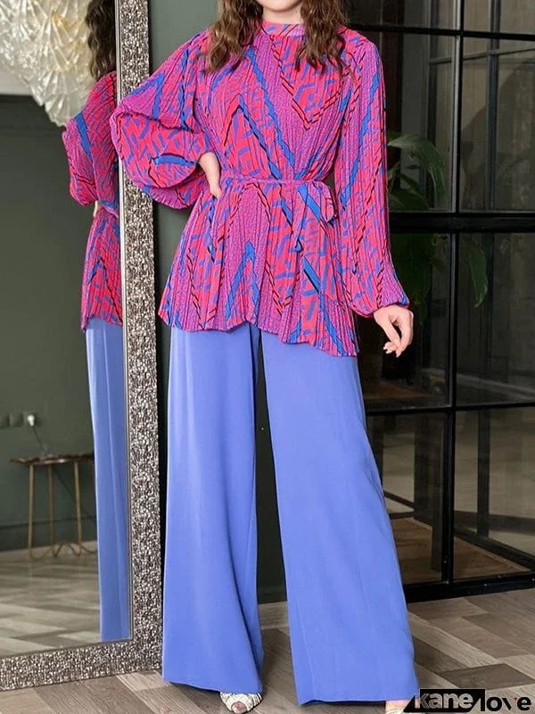 Bishop Sleeve Pleated Printed Tied Waist Round-Neck Shirts Top + High Waisted Pants Bottom Two Pieces Set