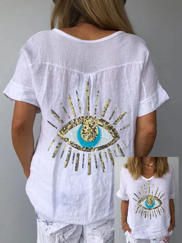 Women's Devil's Eye Sequin Print Casual V-neck Cotton Top