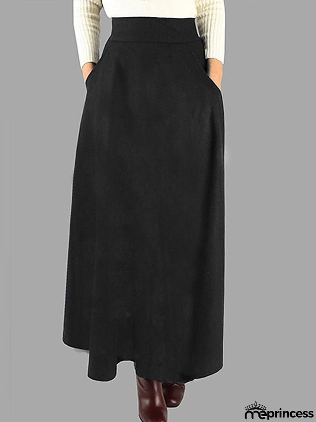 Women's Swing Work Skirts Maxi Skirt Black Wine Red Skirts Pocket Streetwear Basic Casual Office / Career WorkWear M L XL