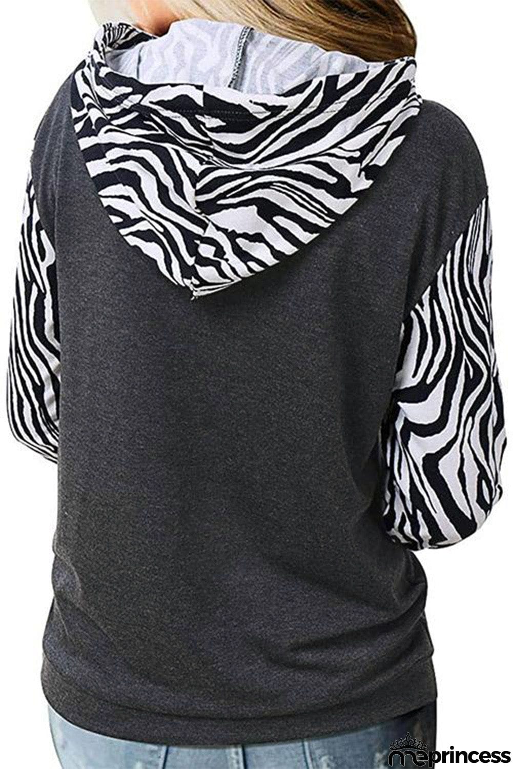 Zebra Print Patchwork Hoodie with Kangaroo Pocket