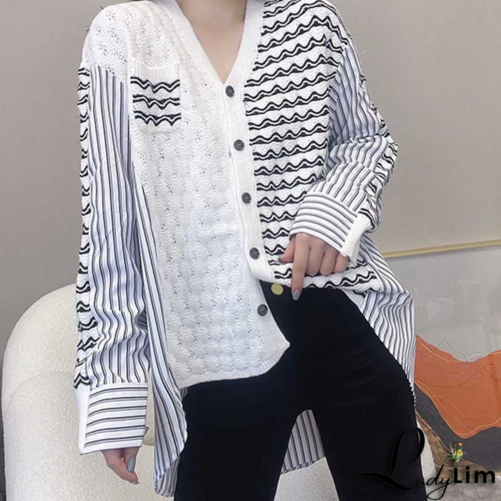Colorblock Stripe Loose V-neck Cardigan Sweater Shirt