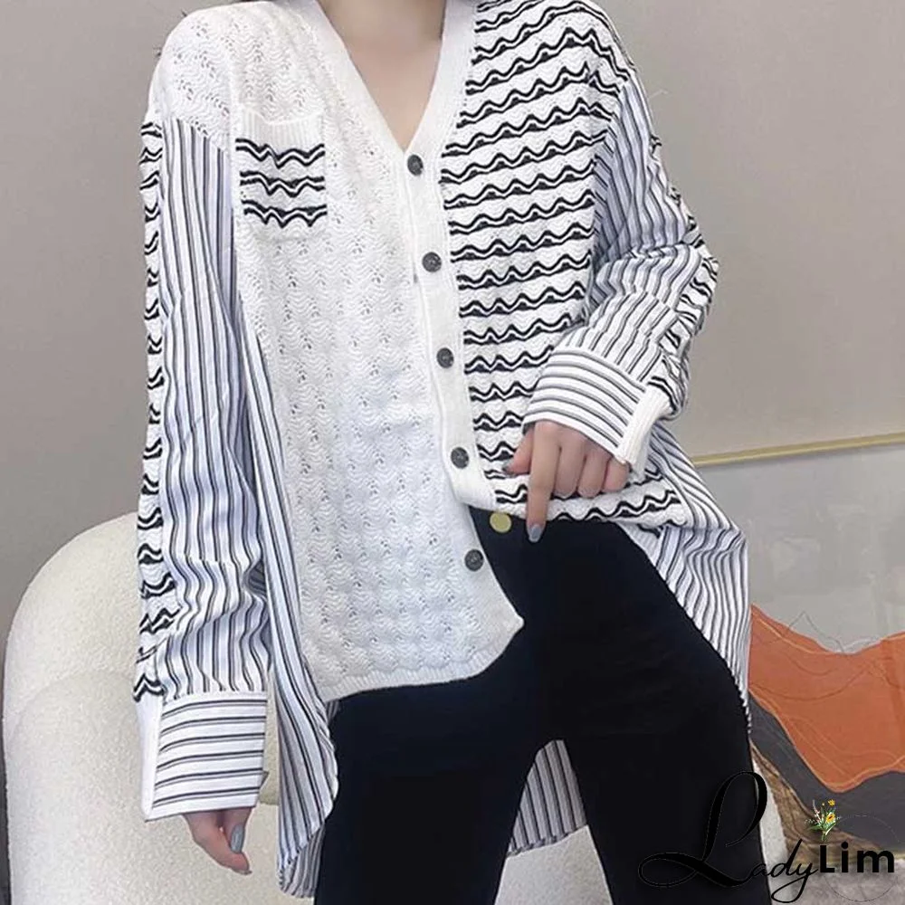Colorblock Stripe Loose V-neck Cardigan Sweater Shirt