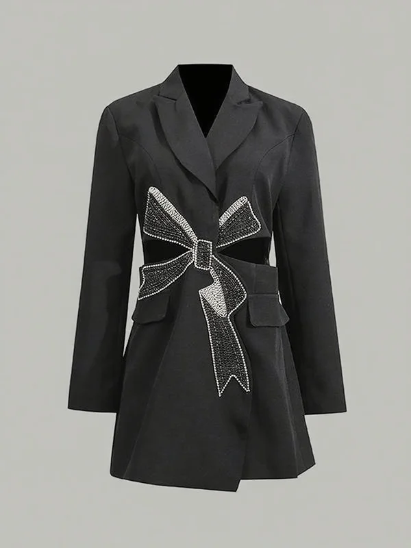 Hollow Rhine Stones Long Sleeves Notched Collar Outerwear Blazer