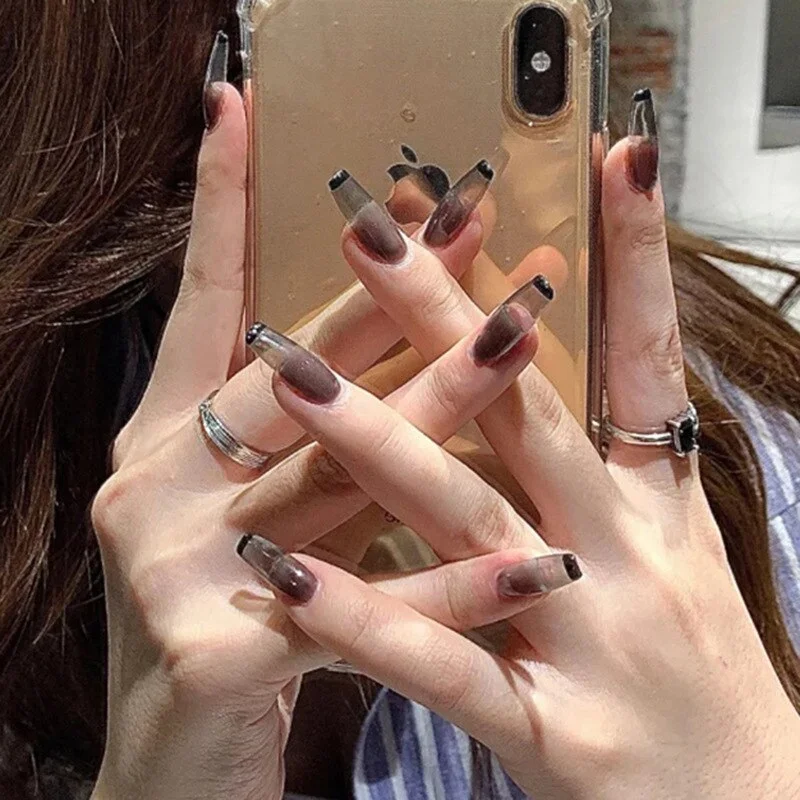 24pcs Pink False Nail Micro Clear Cute Fake Nails Press On Nail Long Nails With Rhinestones Summer Nail Art Decoration 515-1-Nail Inspo