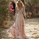 Vintage Boho Roses Embroidered Flowy Linen Maxi Dress - Image 2