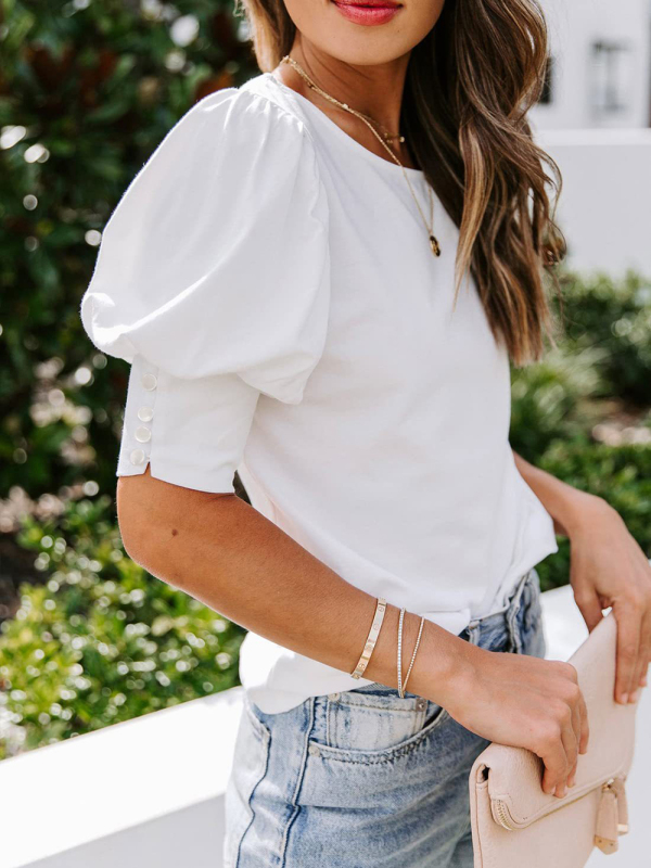 Mature Women New Round Neck Solid Color Button Loose Top T-Shirt