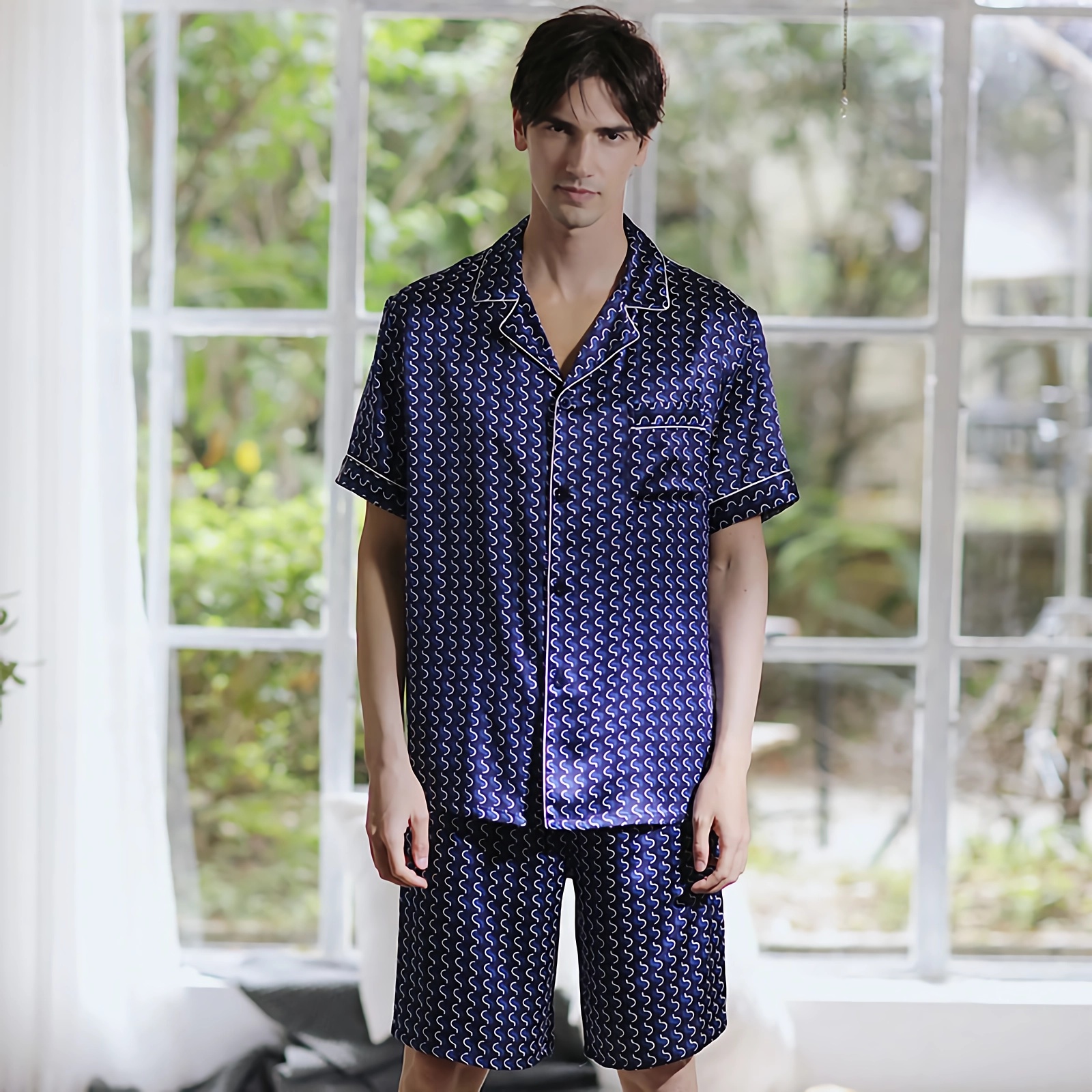 22 Momme Blue Silk Pajamas Short Set For Men REAL SILK LIFE