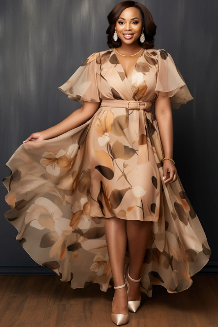 Xpluswear Design Plus Size Formal Champagne Wrap Neck Short Sleeve Detachable Overskirt Elegant Chiffon Midi Dresses [Pre-Order]